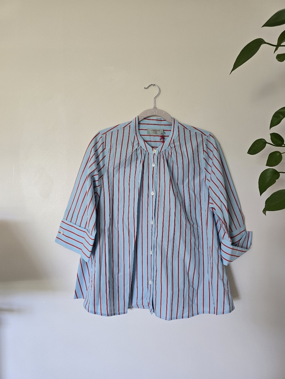New Voyageur By Mersea Womens Top Size Medium Cotton Blue Red Striped Blouse - Picture 2 of 10